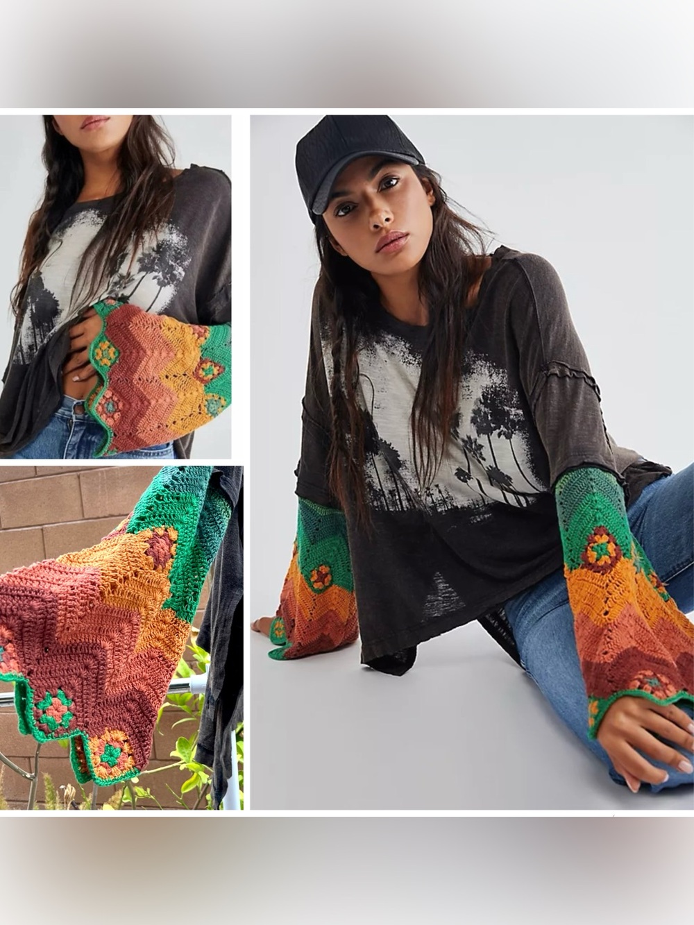 We the Free People So Edgy Tee Oversized Slouchy Crochet Sleeve XS Small RARE - Picture 14 of 14